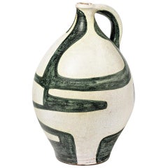 Large Ceramic Pitcher with White and Green Abstract Decor 1950 by R & G Auguste