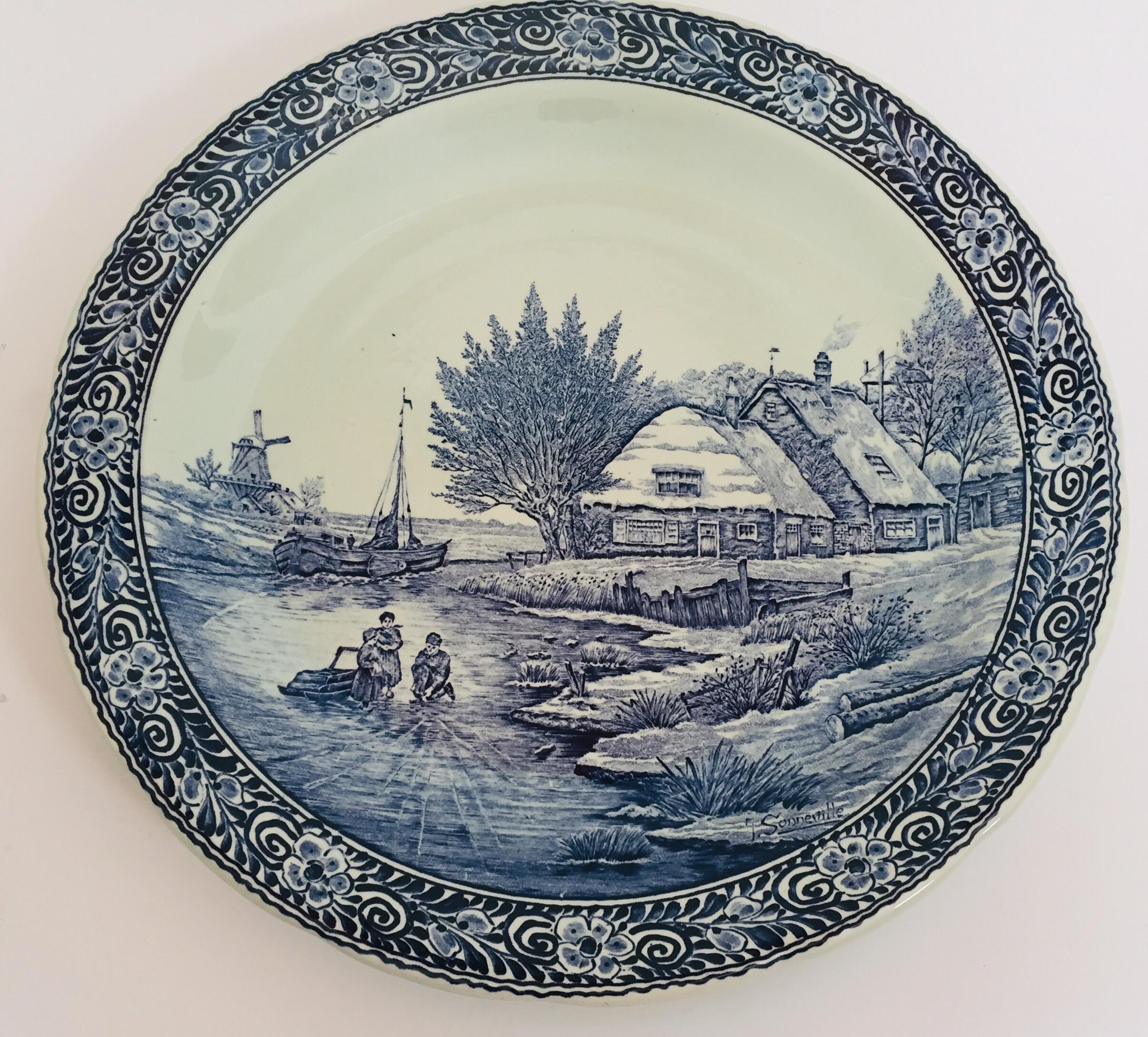 Folk Art Large Ceramic Plate Blue and White Dutch Delft Charger