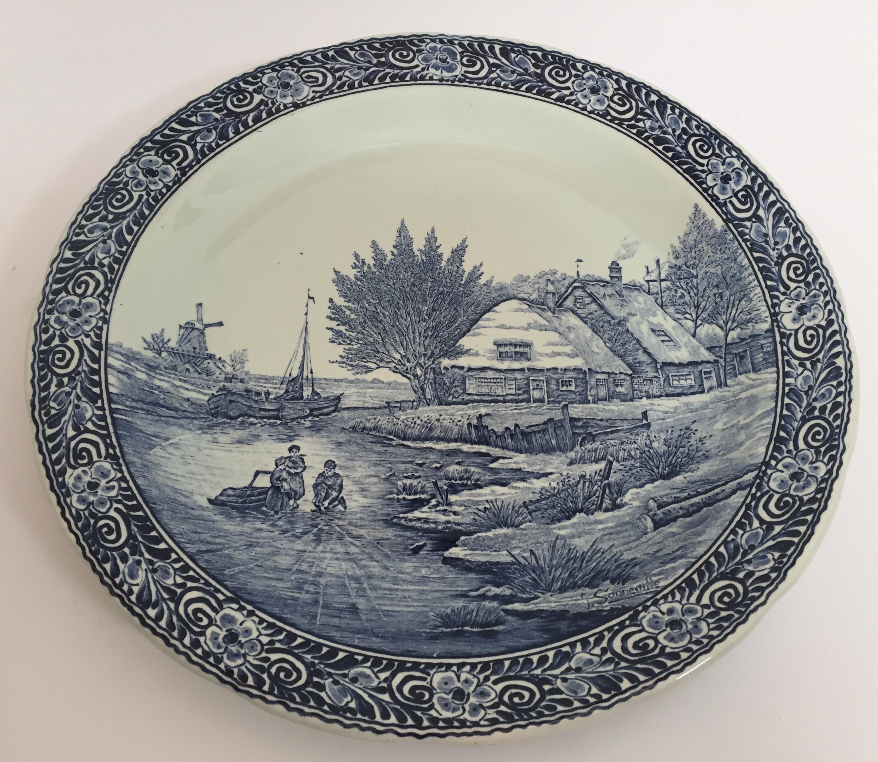 20th Century Large Ceramic Plate Blue and White Dutch Delft Charger