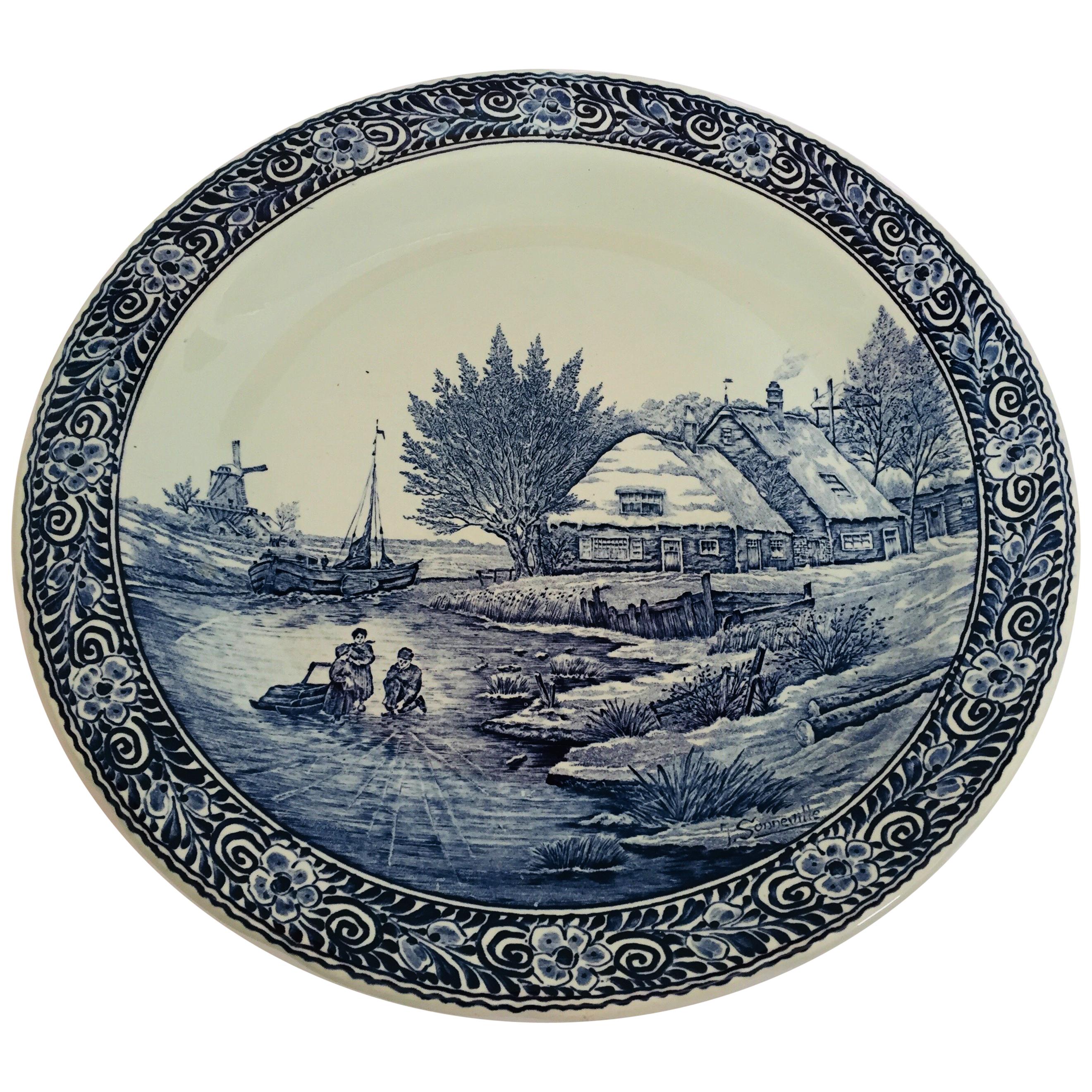 Large Ceramic Plate Blue and White Dutch Delft Charger