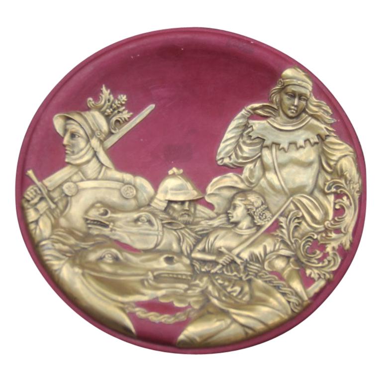 Ceramic Plate with Scenes of Warriors and Purple 24-Karat Gold Horses Finzi For Sale