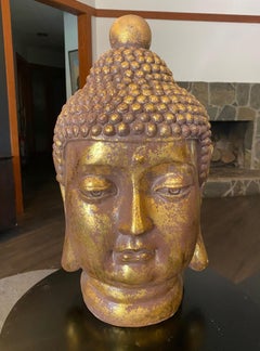 Large Ceramic Pottery Terracotta Gold and Gilt Asian Buddha Head Sculpture