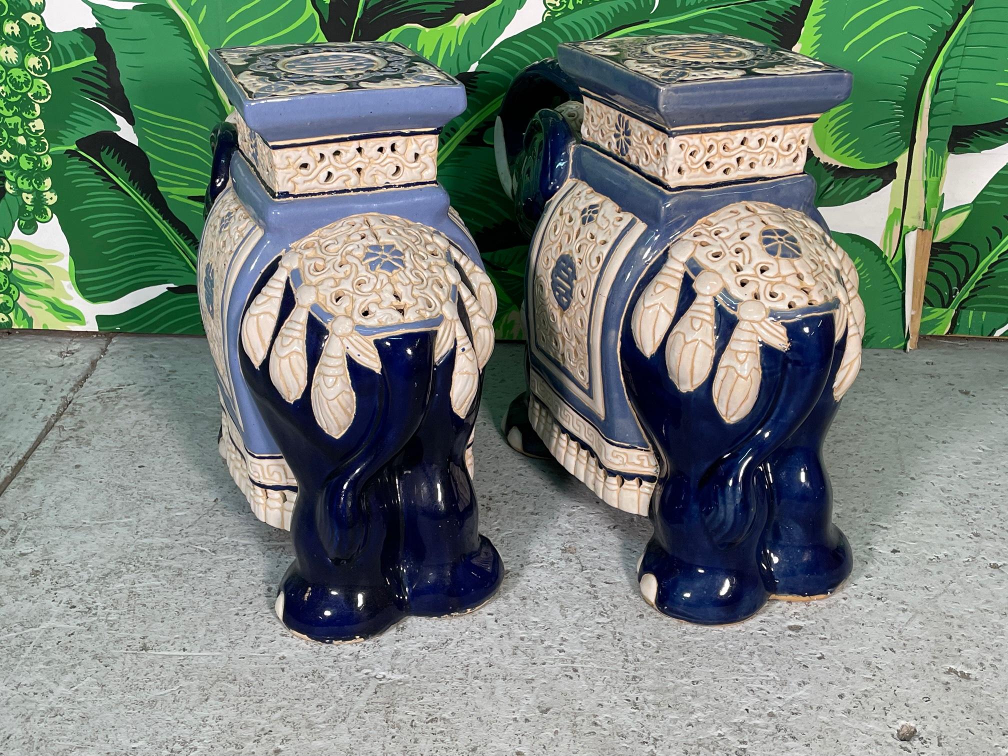 Large Ceramic Reticulated Faience Elephant Garden Stools In Good Condition In Jacksonville, FL