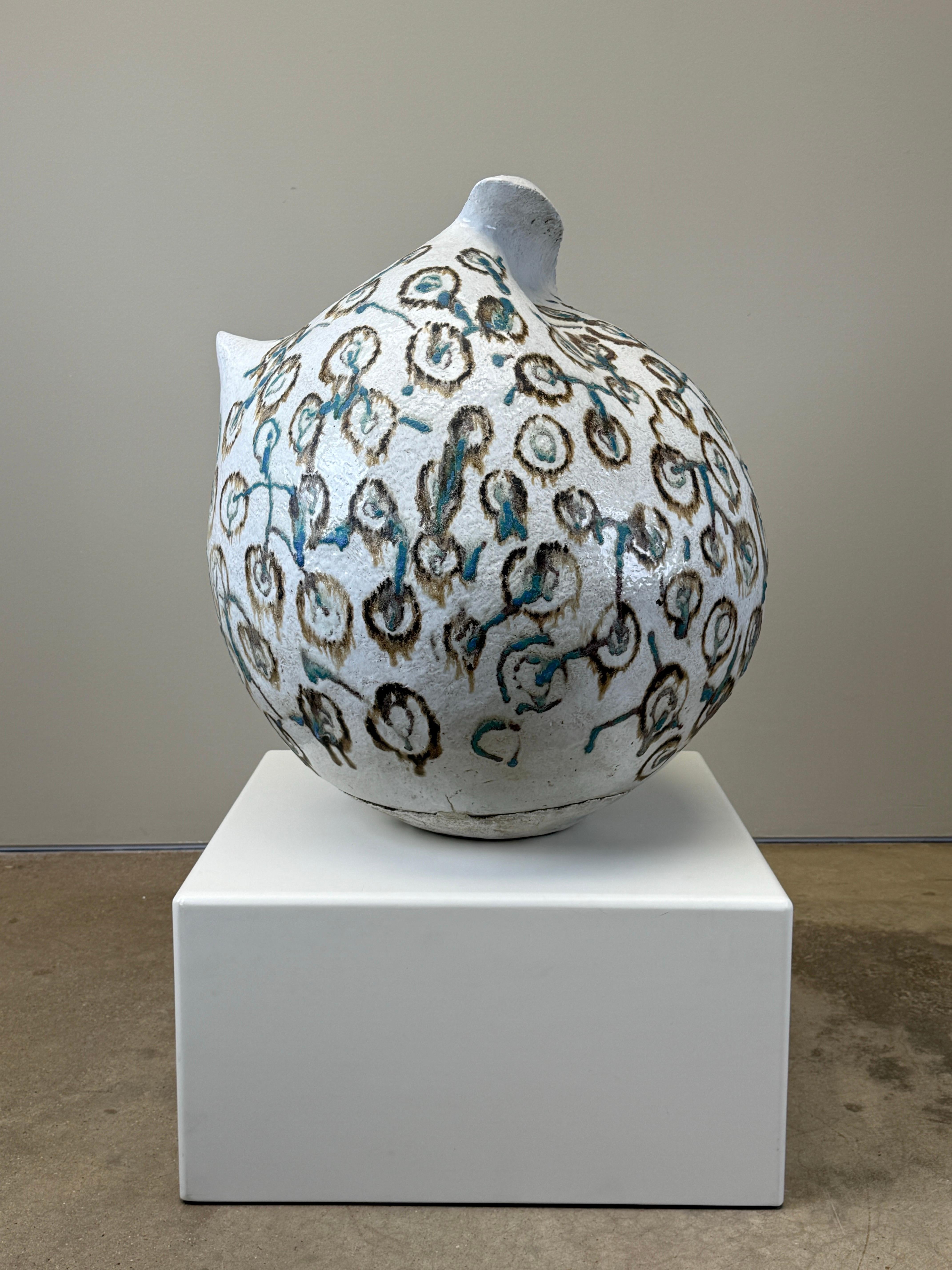 A large ceramic sculpture by Eugene Friley, 1970's. 

Eugene Friley (1921 - 2019) began his ceramic journey in 1939 at Ohio State University, at the time a pioneering school in industrial ceramics. While pursuing a degree in ceramic engineering he