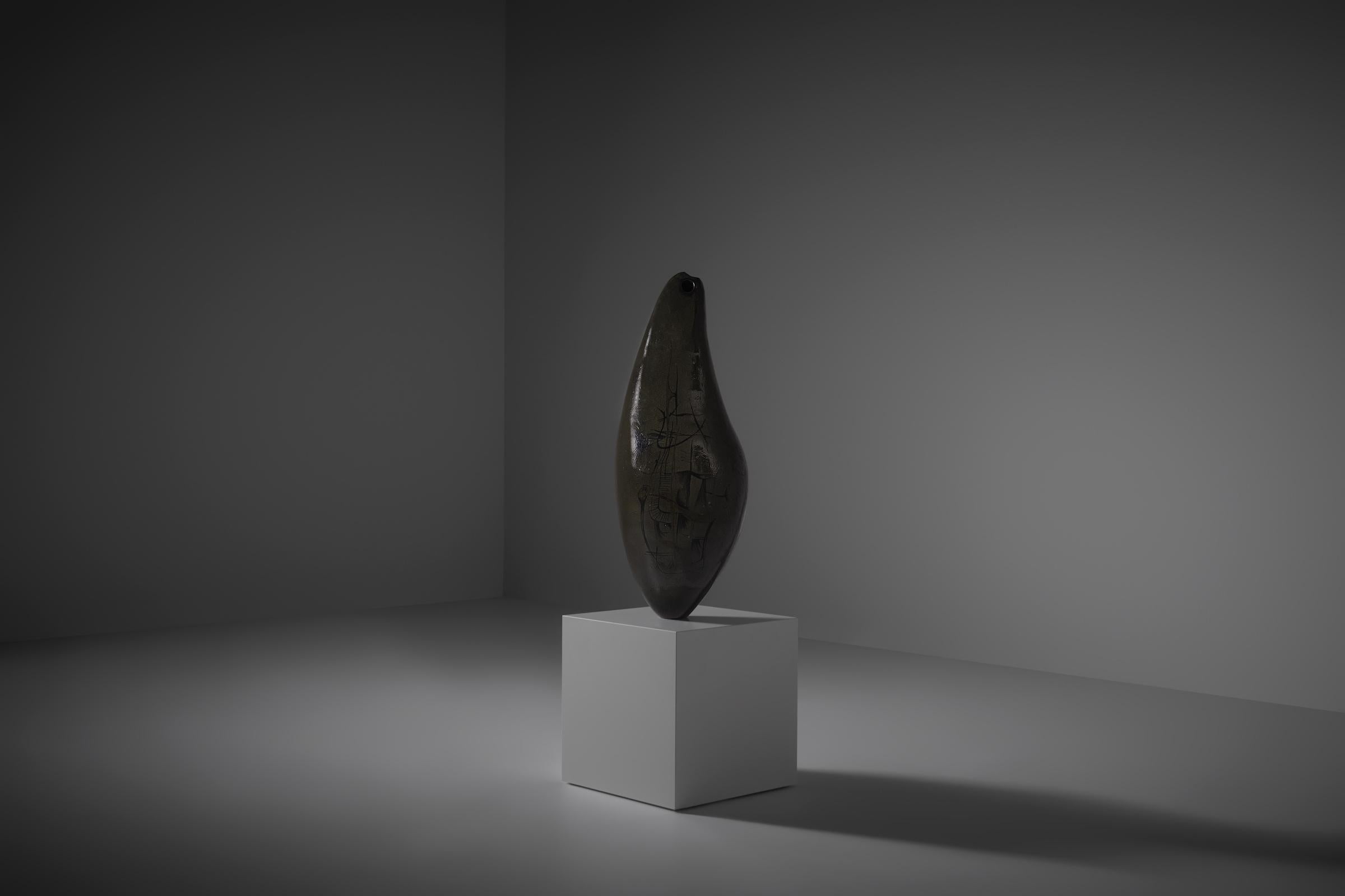 Large Ceramic sculpture by Pier Claudio Pantieri (1927-2022), Italy 1950s. Pantieri graduated from the G. Ballardini Art Institute in Faenza, under the guidance of Angelo Biancini. He began his artistic activity as a ceramist, created works
