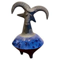 Grande sculpture en céramique " Chèvre bleue" Unique en son genre par Dominique Pouchain
