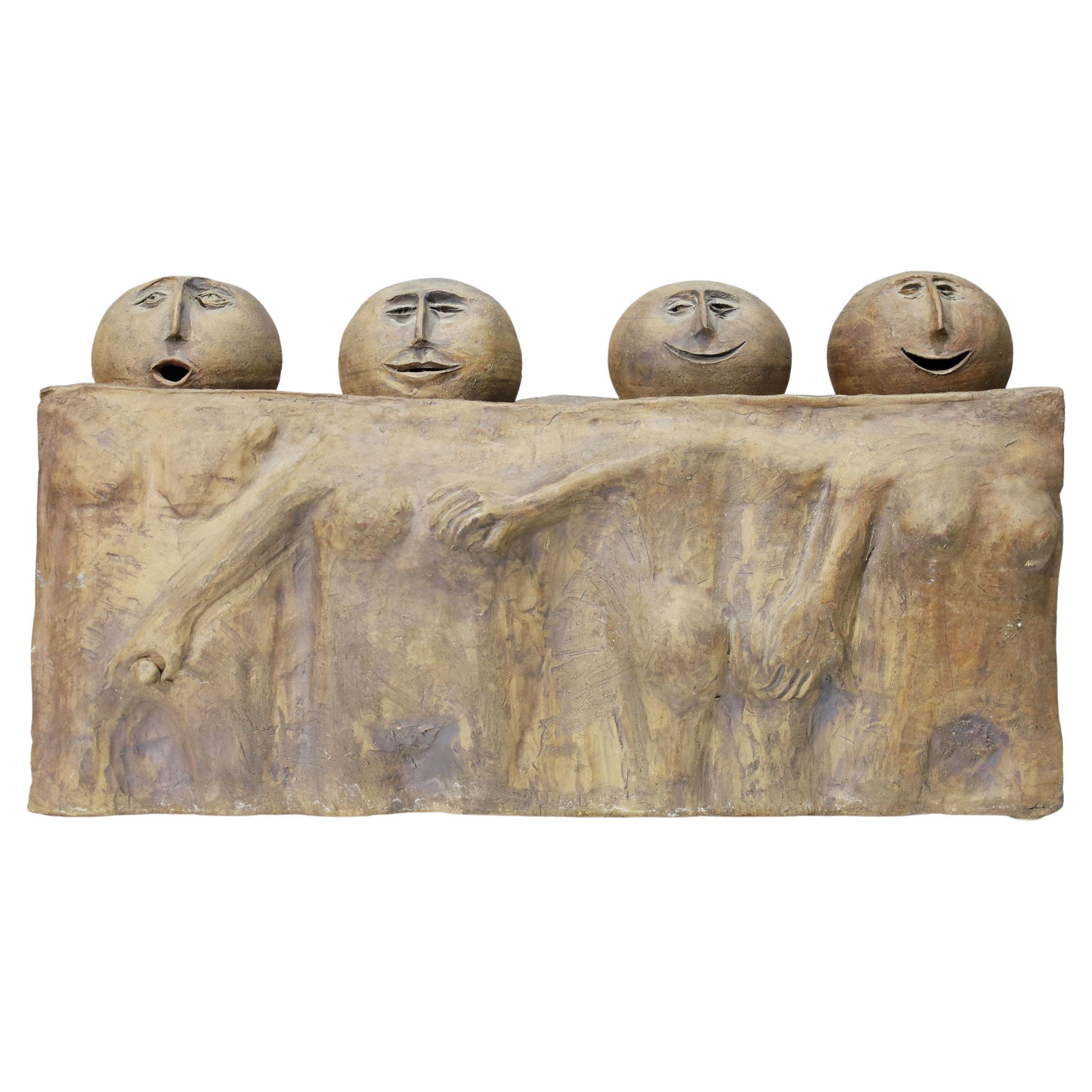 Large Ceramic Sculpture of Four Round Heads on Singular Base For Sale