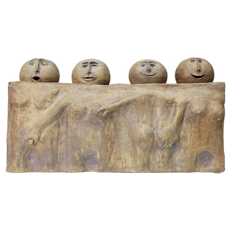 Large Ceramic Sculpture of Four Round Heads on Singular Base For Sale