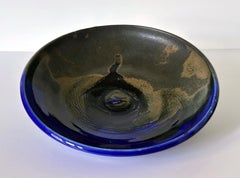 Large Ceramic Shallow Bowl with Brilliant Blue Glaze by Toshiko Takaezu
