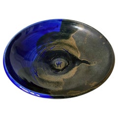 Large Ceramic Shallow Bowl with Brilliant Blue Glaze by Toshiko Takaezu