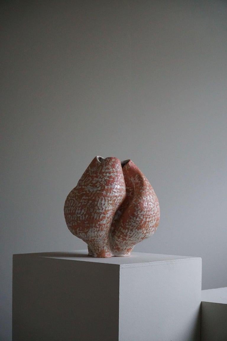 Large ceramic floor vase with glaze in variations of pink and white/beige, made by Danish artist Ole Victor, 2022.

Ole Victor is a Danish artist who attended Art Academy between 1975 and 1980. He creates artworks and ceramics ever since. Hes been
