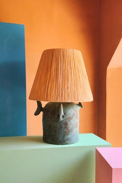 Large Stoneware Ceramic Table Lamp Raffia Lampshade Green Bronze Glaze - Gandul