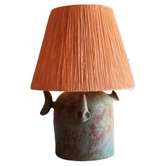 Large Ceramic Table Lamp Raffia Lampshade Green Bronze Glaze - Gandul
