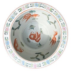 Large Ceramic Turquoise Chinoiserie Fish Bowl Garden Planter with Floral Motif