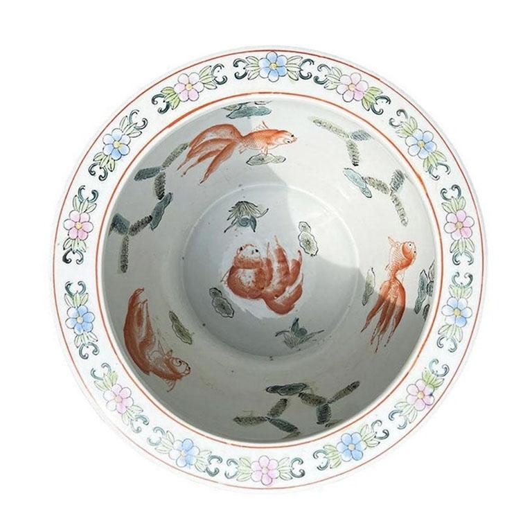 Chinese Large Ceramic Turquoise Chinoiserie Fish Bowl Garden Planter with Floral Motif