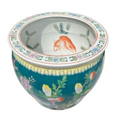 Large Ceramic Turquoise Chinoiserie Fish Bowl Garden Planter with Floral Motif