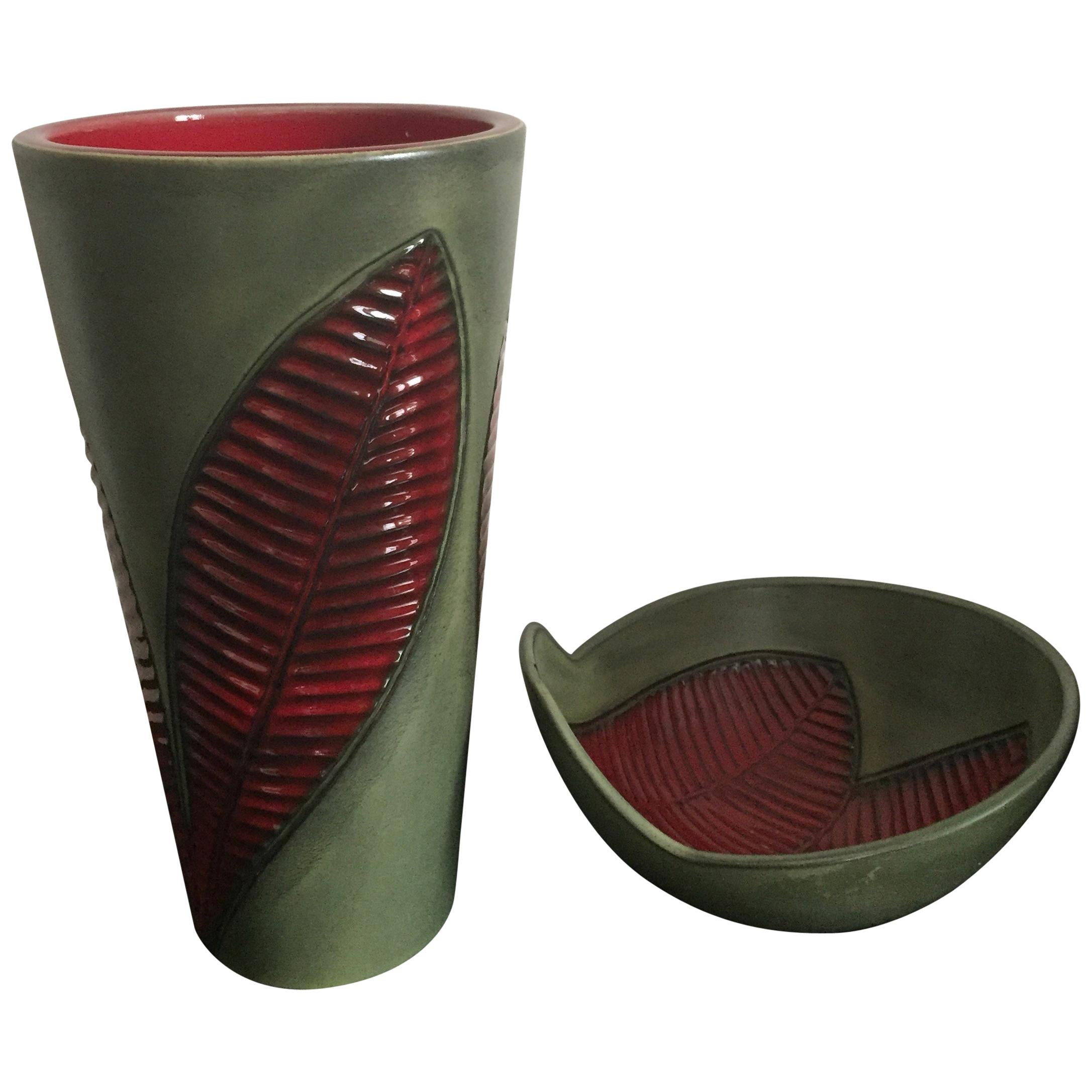 Large Ceramic Vase and Ceramic Bowl, Vallauris from Elchinger, 1960s For Sale