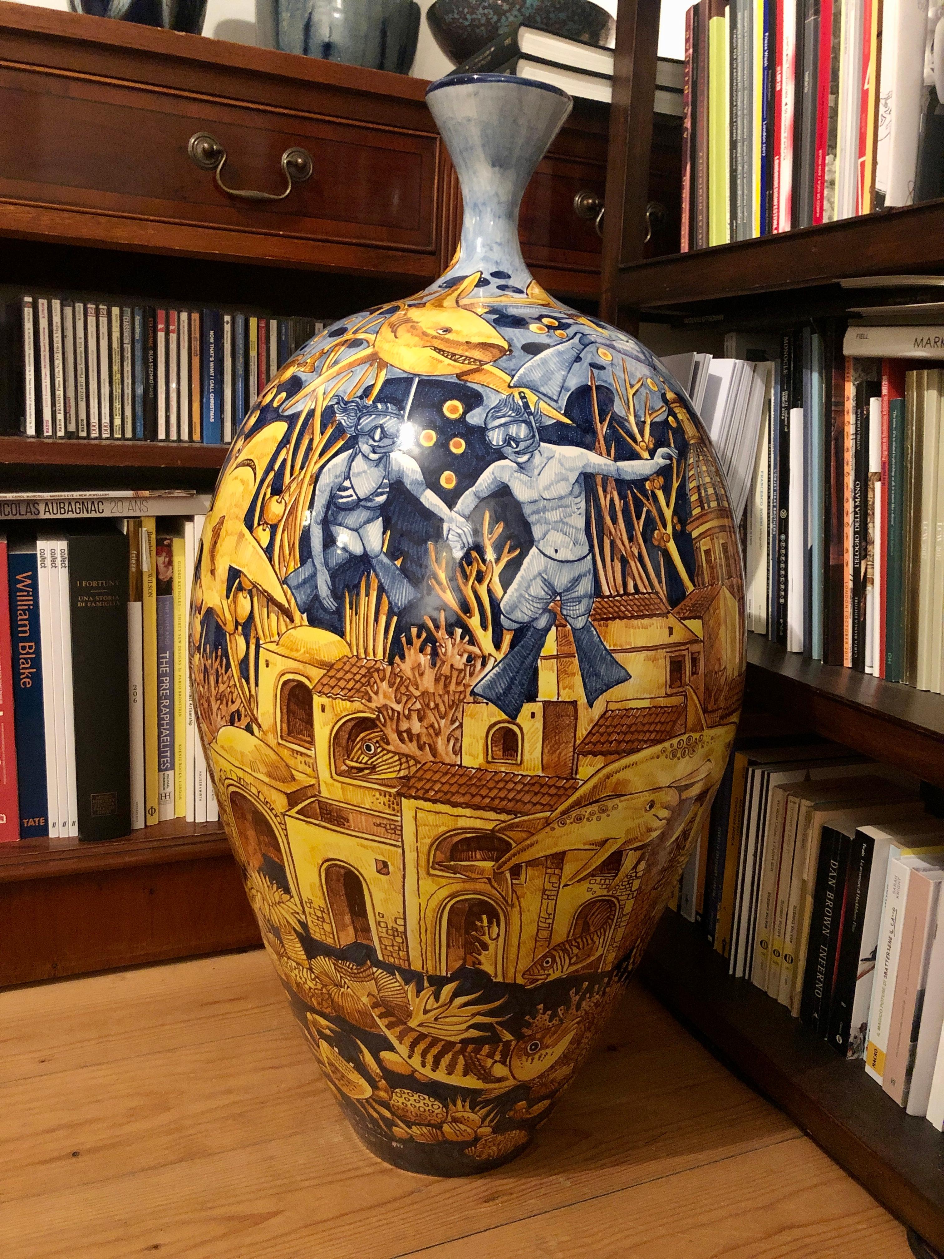 Large Ceramic Vase Glazed Earthenware Hand Painted Italy Contemporary Majolica 1