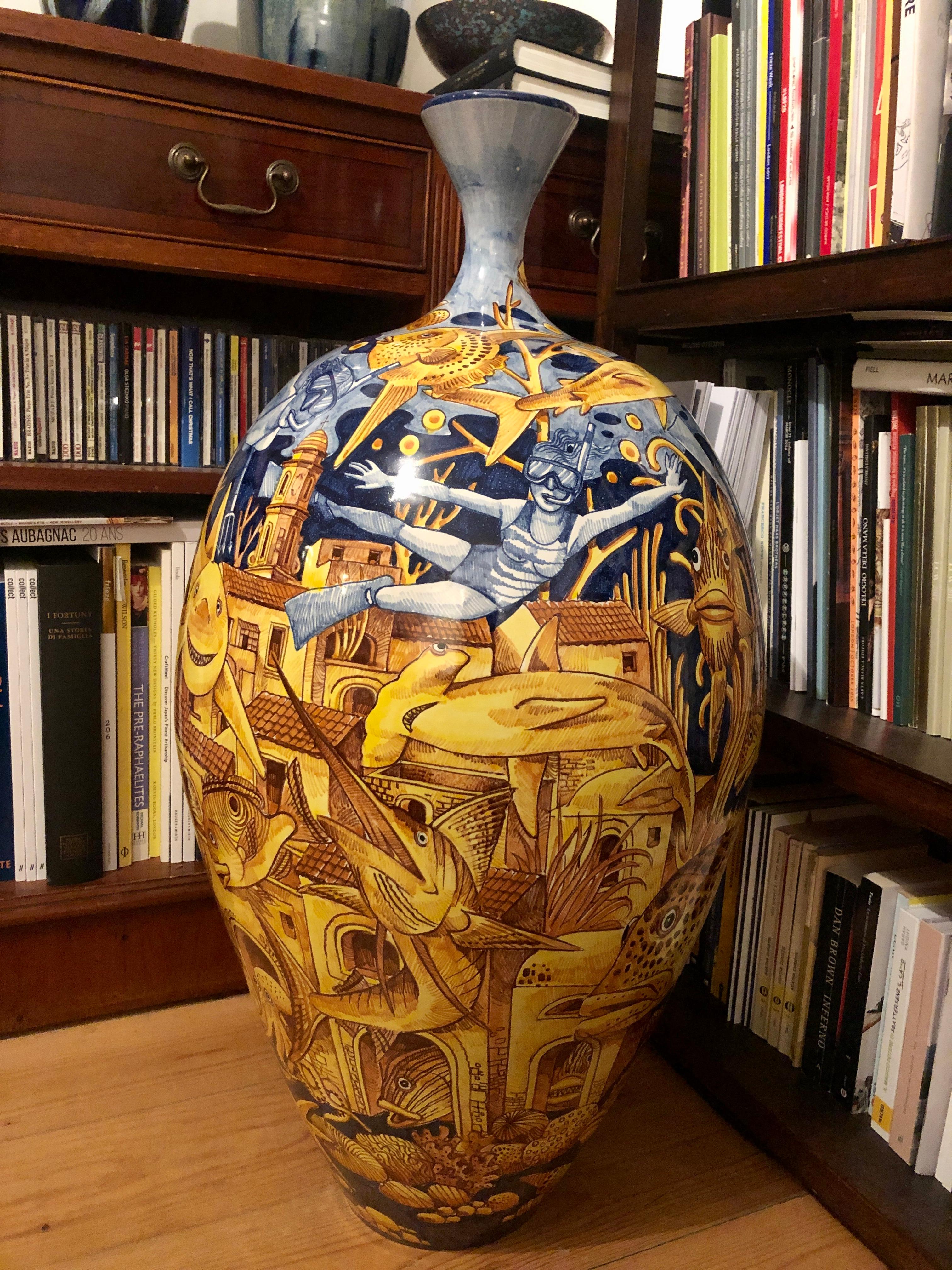 Large Ceramic Vase Glazed Earthenware Hand Painted Italy Contemporary Majolica 2