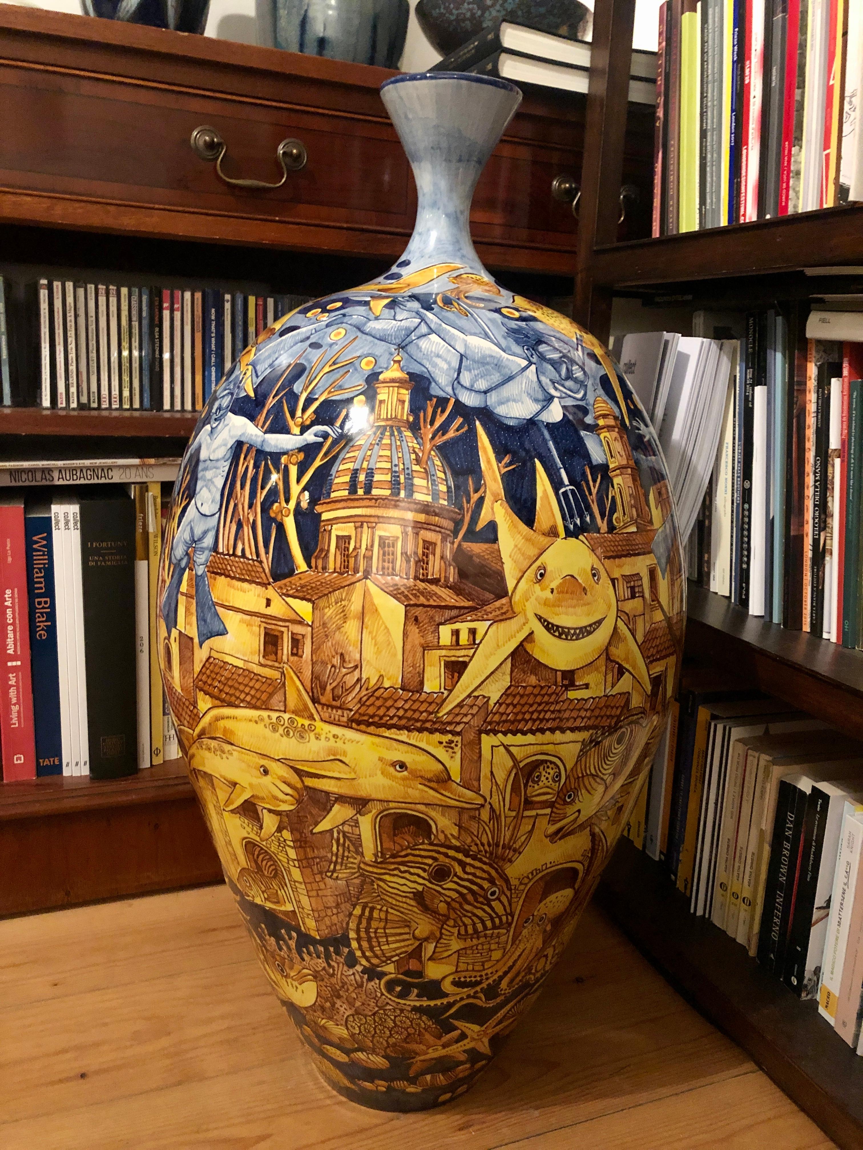 Large Ceramic Vase Glazed Earthenware Hand Painted Italy Contemporary Majolica 3