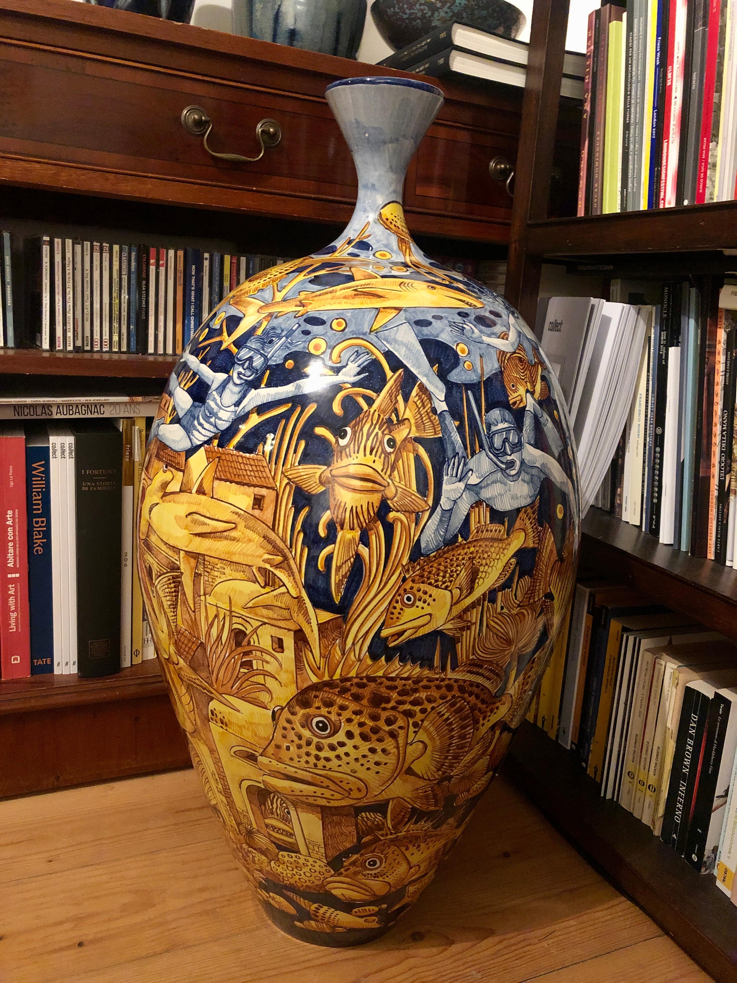 Large Ceramic Vase Glazed Earthenware Hand Painted Italy Contemporary Majolica 4