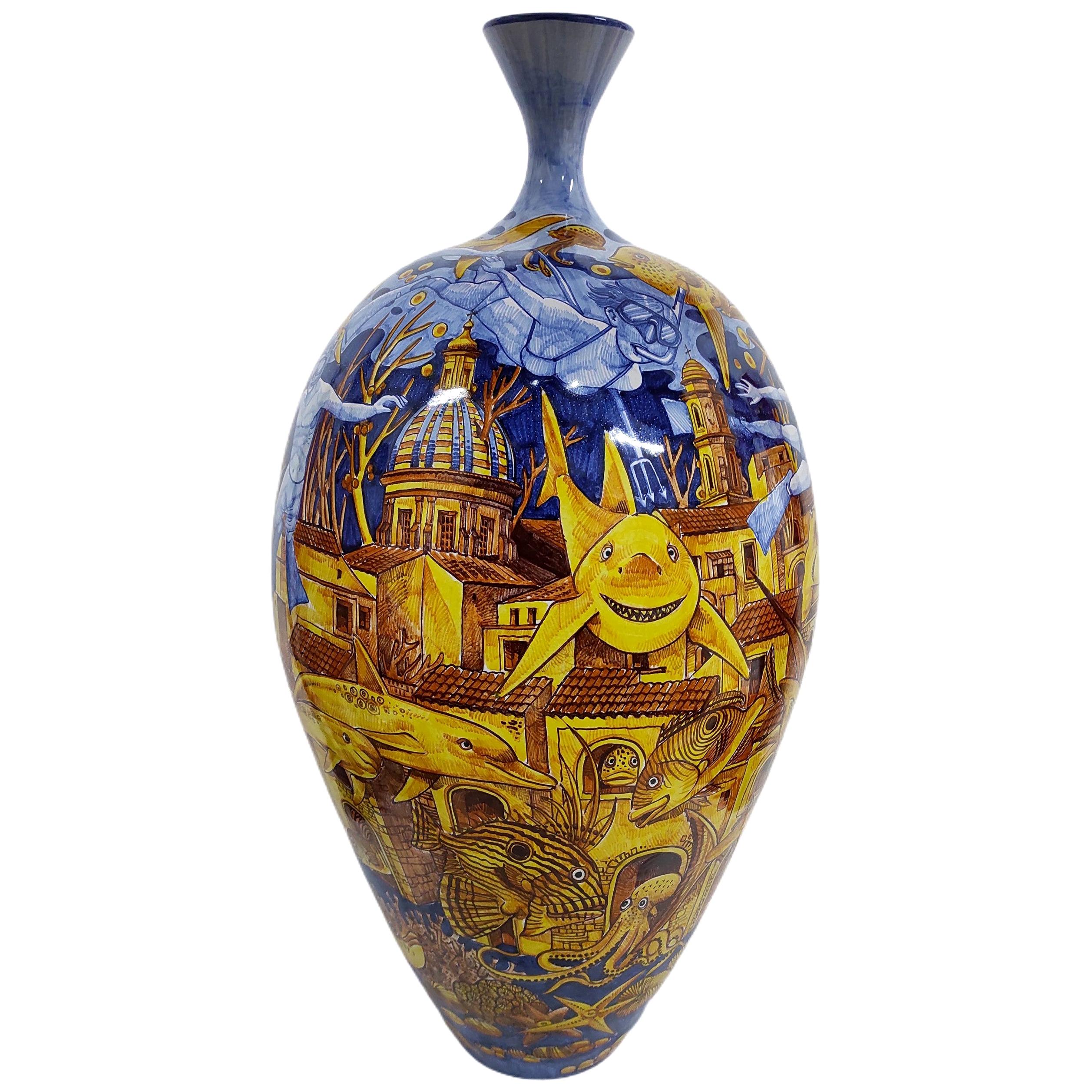 Large Ceramic Vase Glazed Earthenware Hand Painted Italy Contemporary Majolica