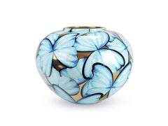 Grande vaso in ceramica dipinto a mano con farfalle azzurre, oro 24kt, Italia