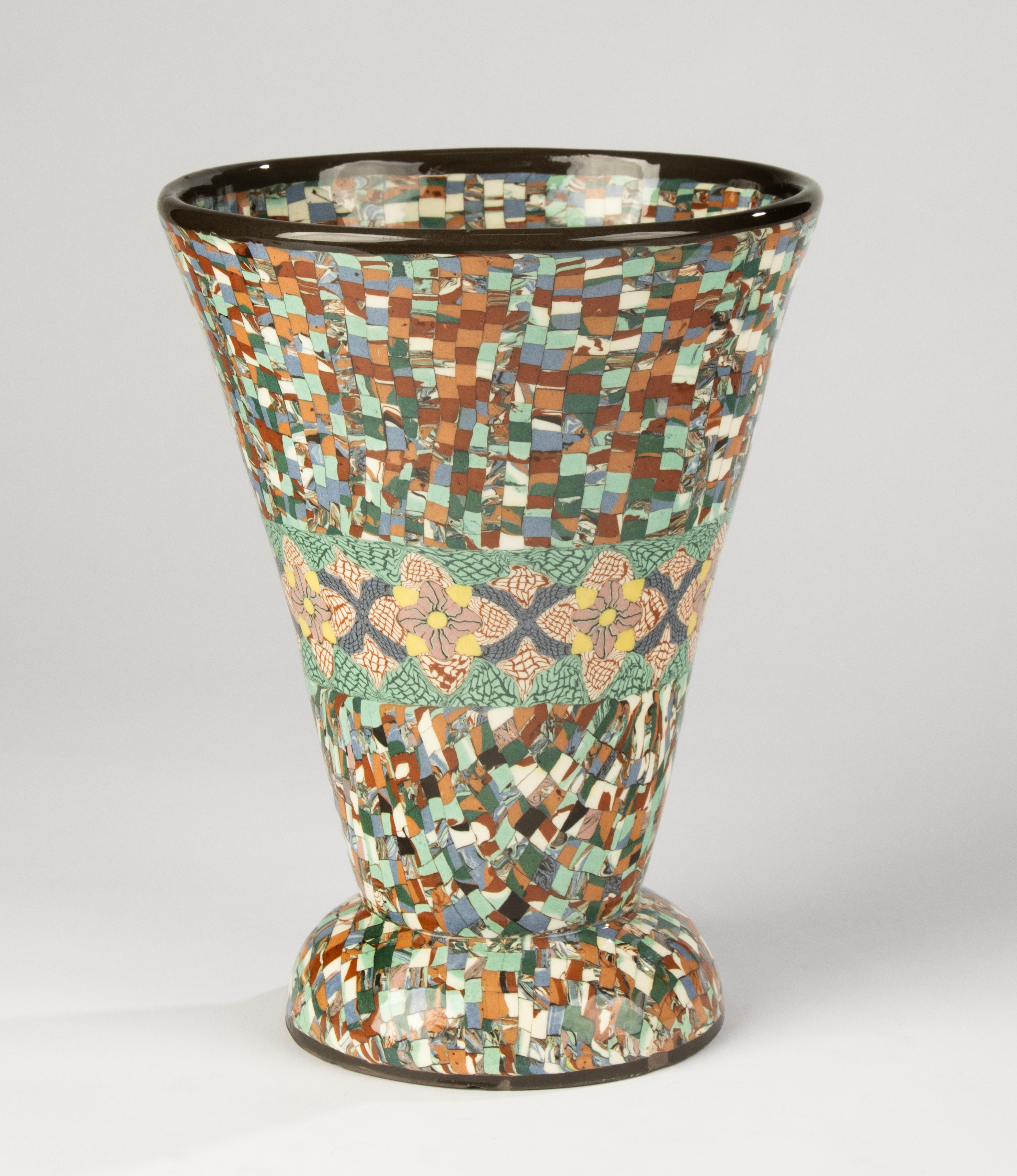 Large Jean Gerbino vase, crafted in Vallauris, France, circa 1930s–1940s.
This impressive piece showcases Gerbino’s signature pâte mosaïque technique, where multicolored clays are combined to create a striking mosaic effect. The vase features a