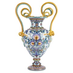Large Ceramic Vase, Snake Handles Amphora in Majolica Hand Painted Deruta Italy