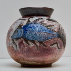 Large Ceramic Vase with Fish Decor, Belgium, circa 1930s
