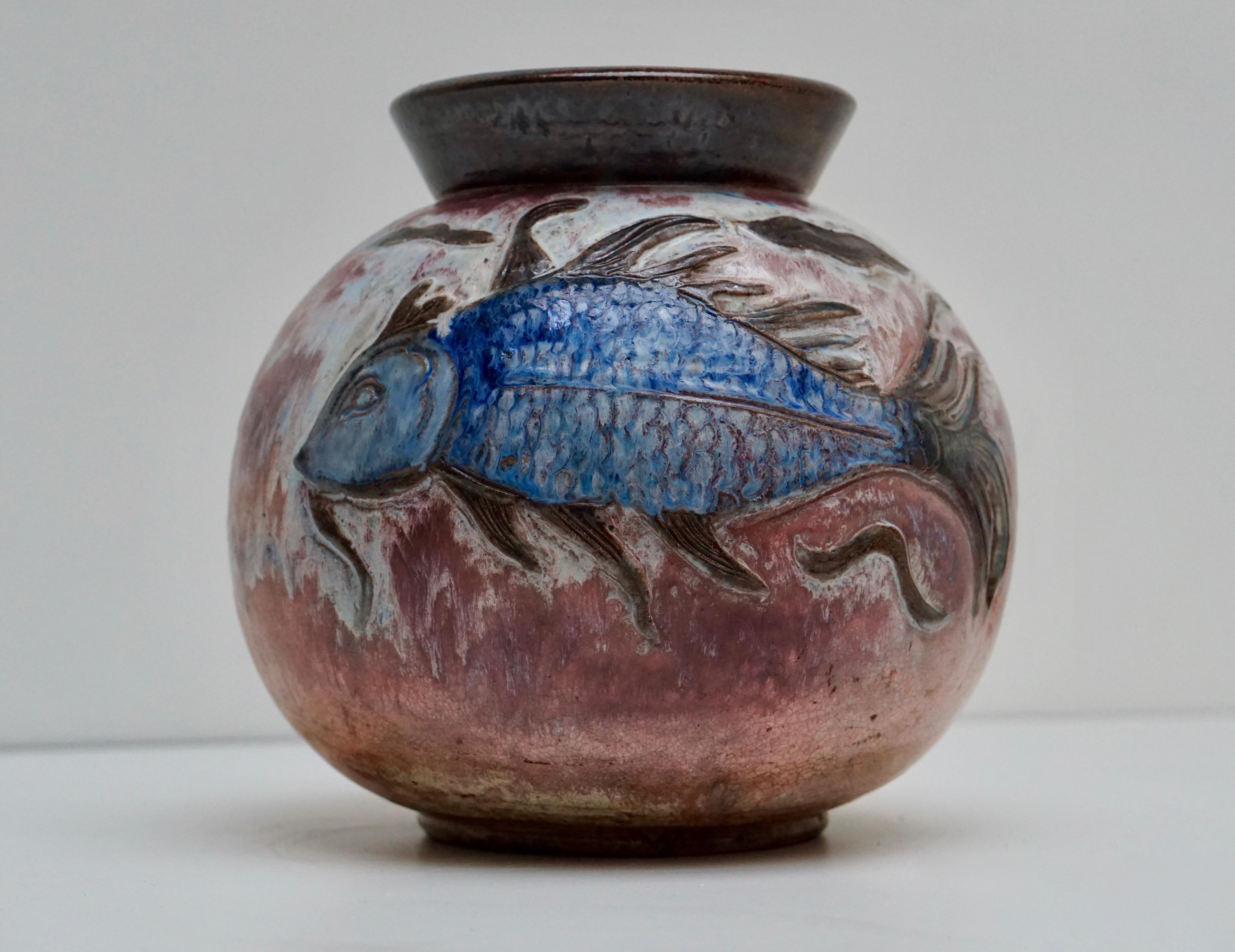 Glazed Large Ceramic Vase with Fish Decor, Belgium, circa 1930s For Sale