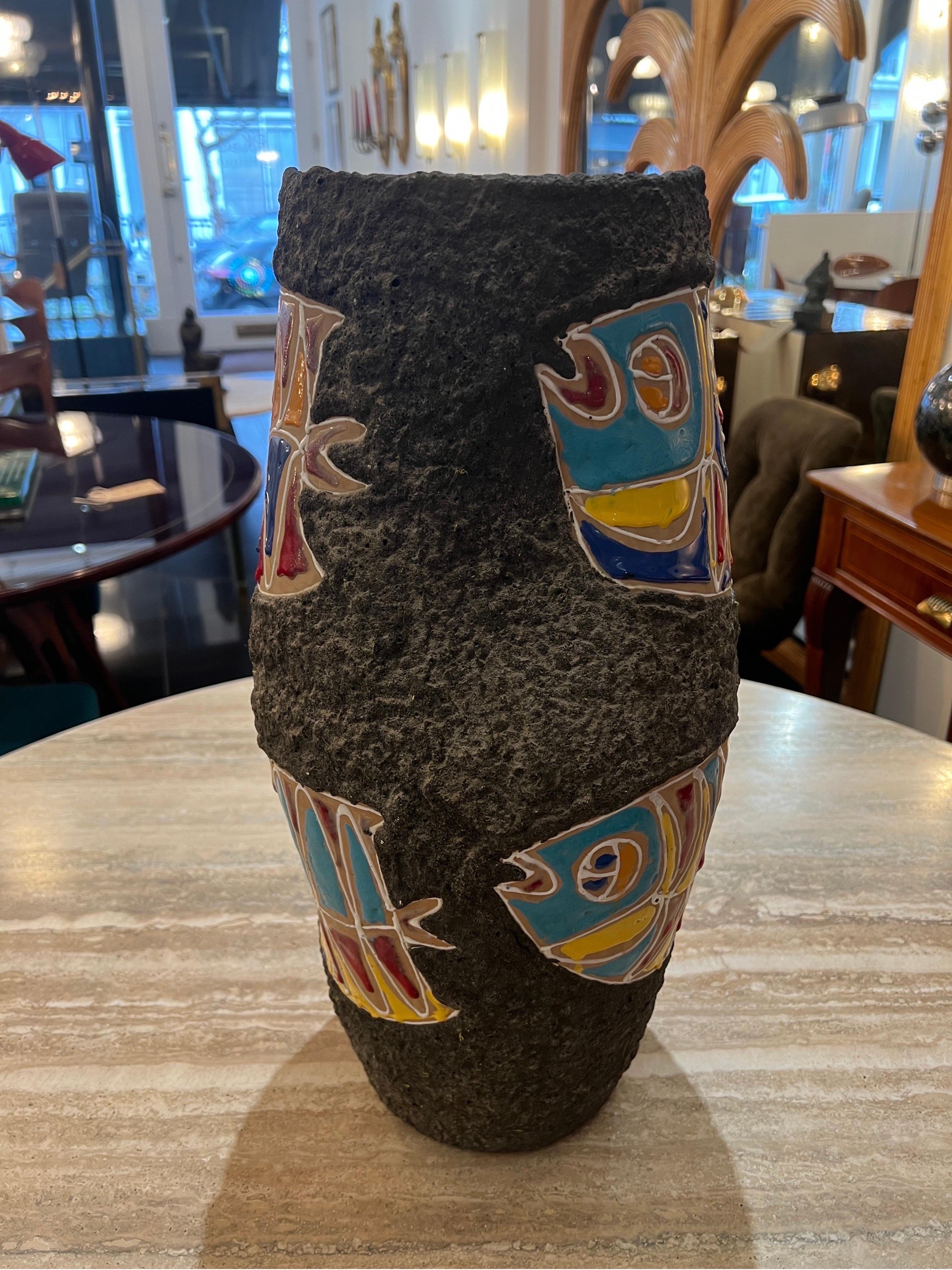 Fired Large Ceramic Vase with Glazed Fish Decorations