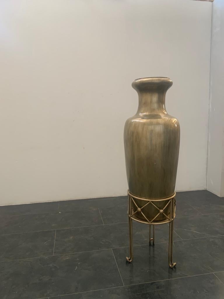 Large Ceramic Vase with Wrought Iron Base, 1950 For Sale 5