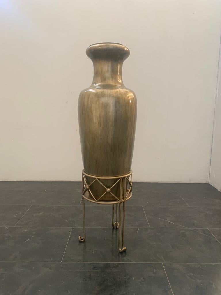 Large Ceramic Vase with Wrought Iron Base, 1950 For Sale 3