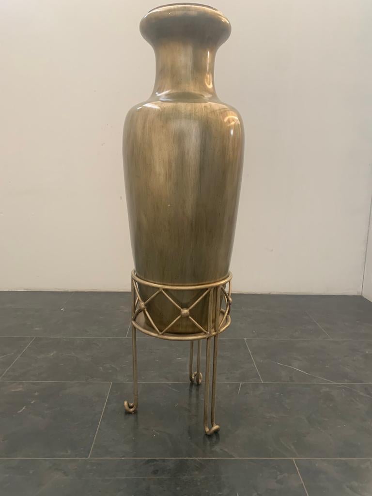 Large Ceramic Vase with Wrought Iron Base, 1950 For Sale 4