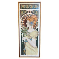 Grand panneau mural en céramique représentant un profil féminin avec des motifs floraux, d
après A.Profiles.