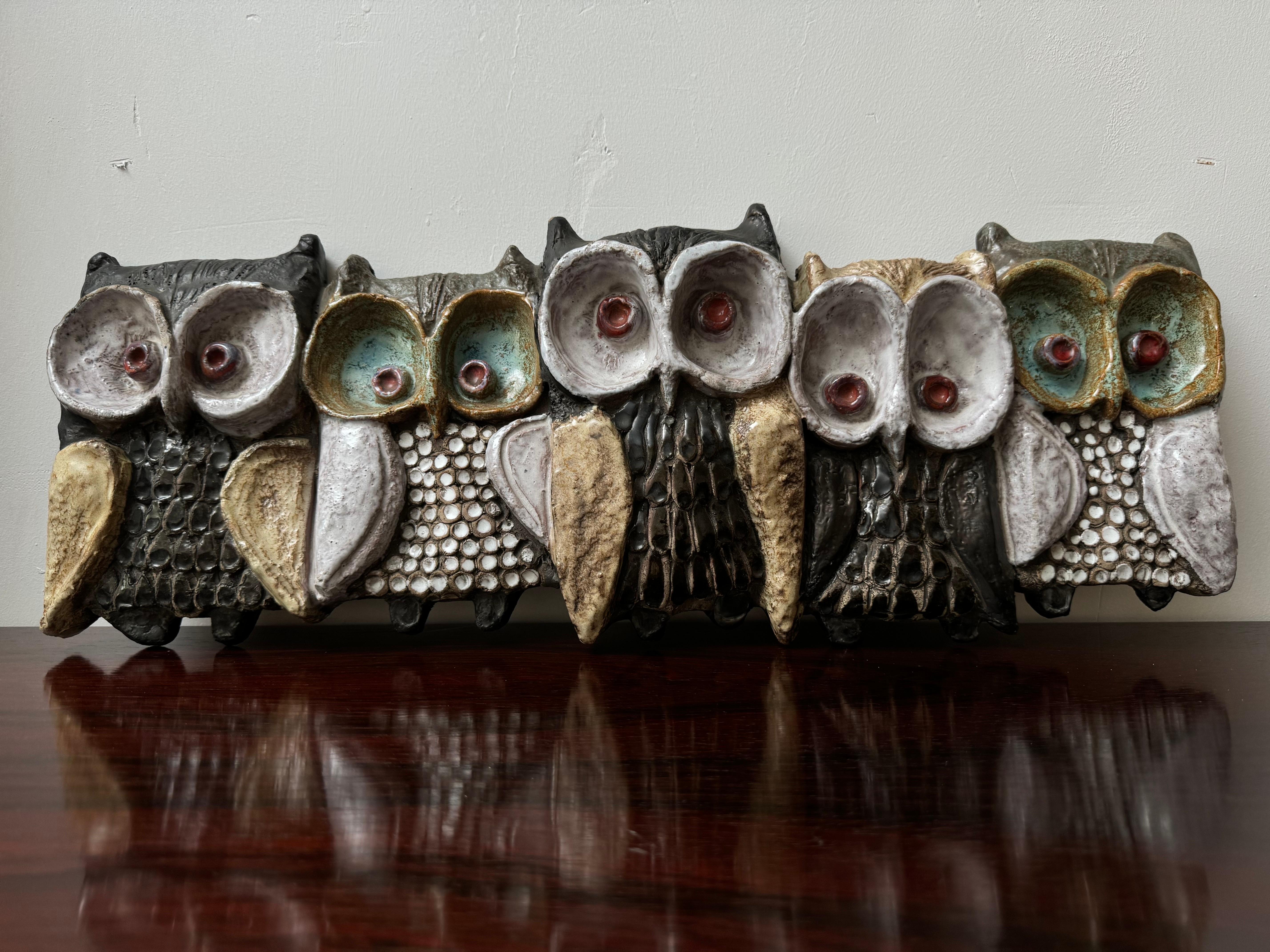Belgian Large Ceramic Wall Sculpture with Five Owls by Elisabeth Vandeweghe for Perignem
