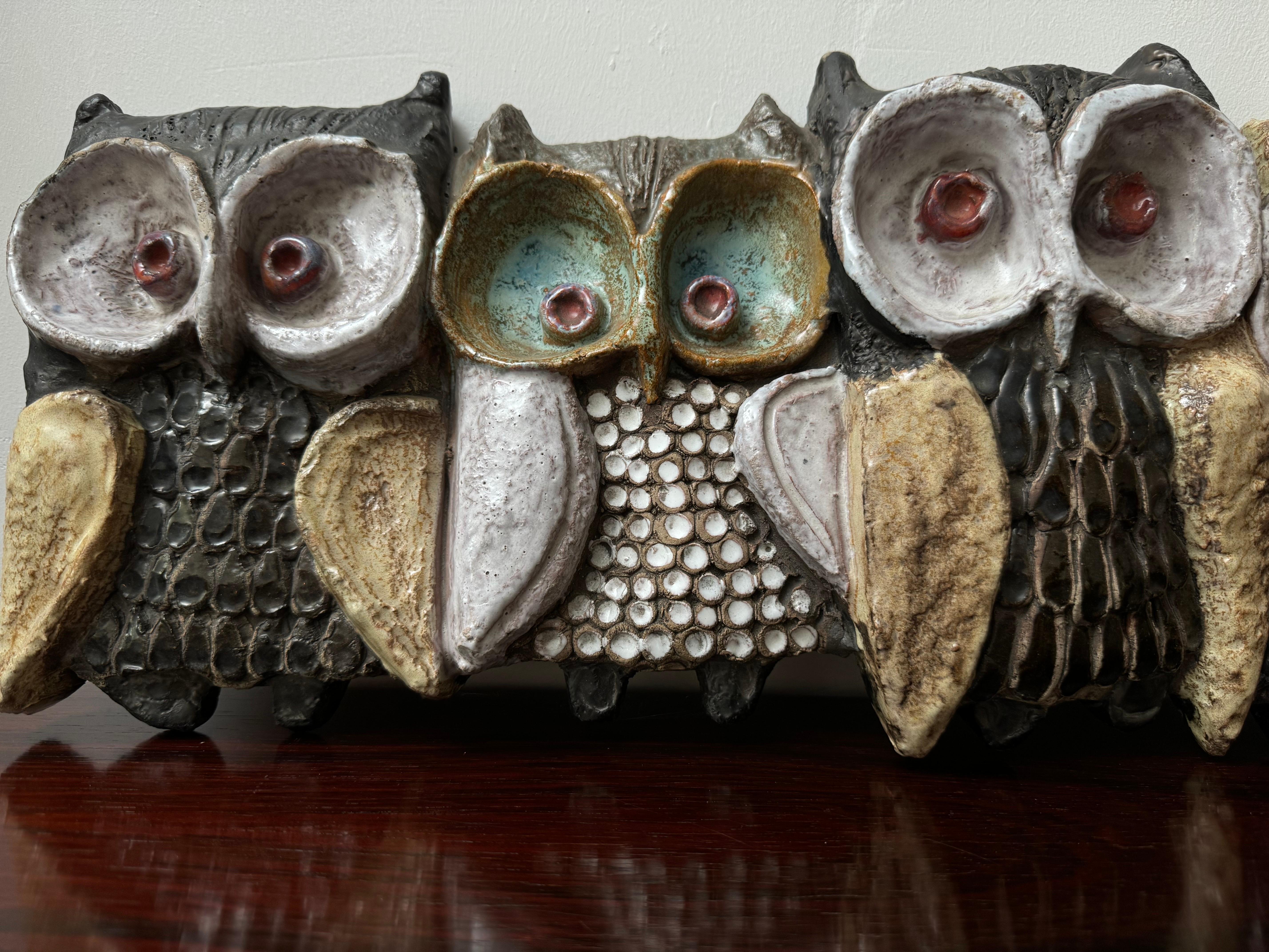 Glazed Large Ceramic Wall Sculpture with Five Owls by Elisabeth Vandeweghe for Perignem