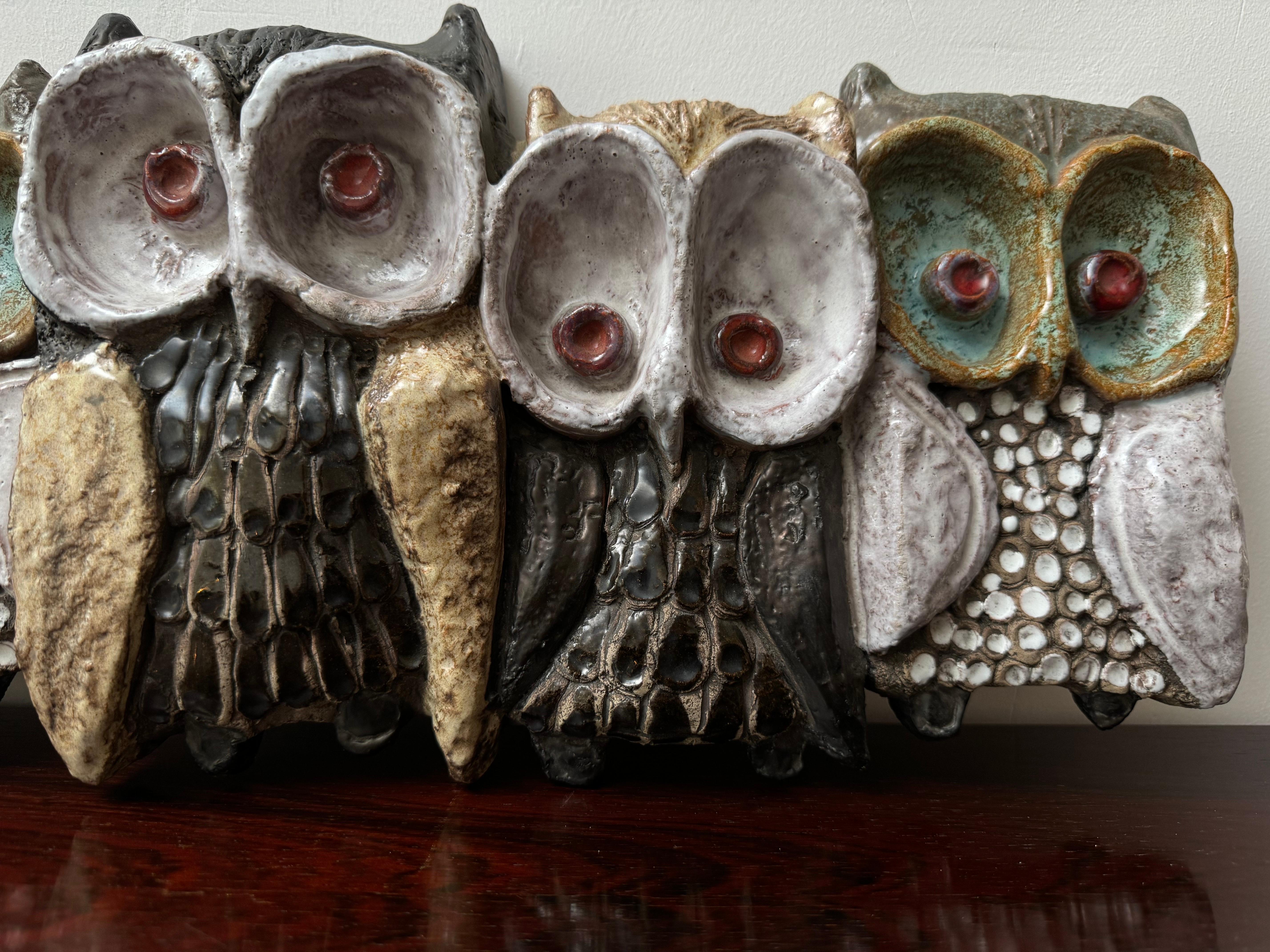 Large Ceramic Wall Sculpture with Five Owls by Elisabeth Vandeweghe for Perignem In Good Condition In Antwerp, BE