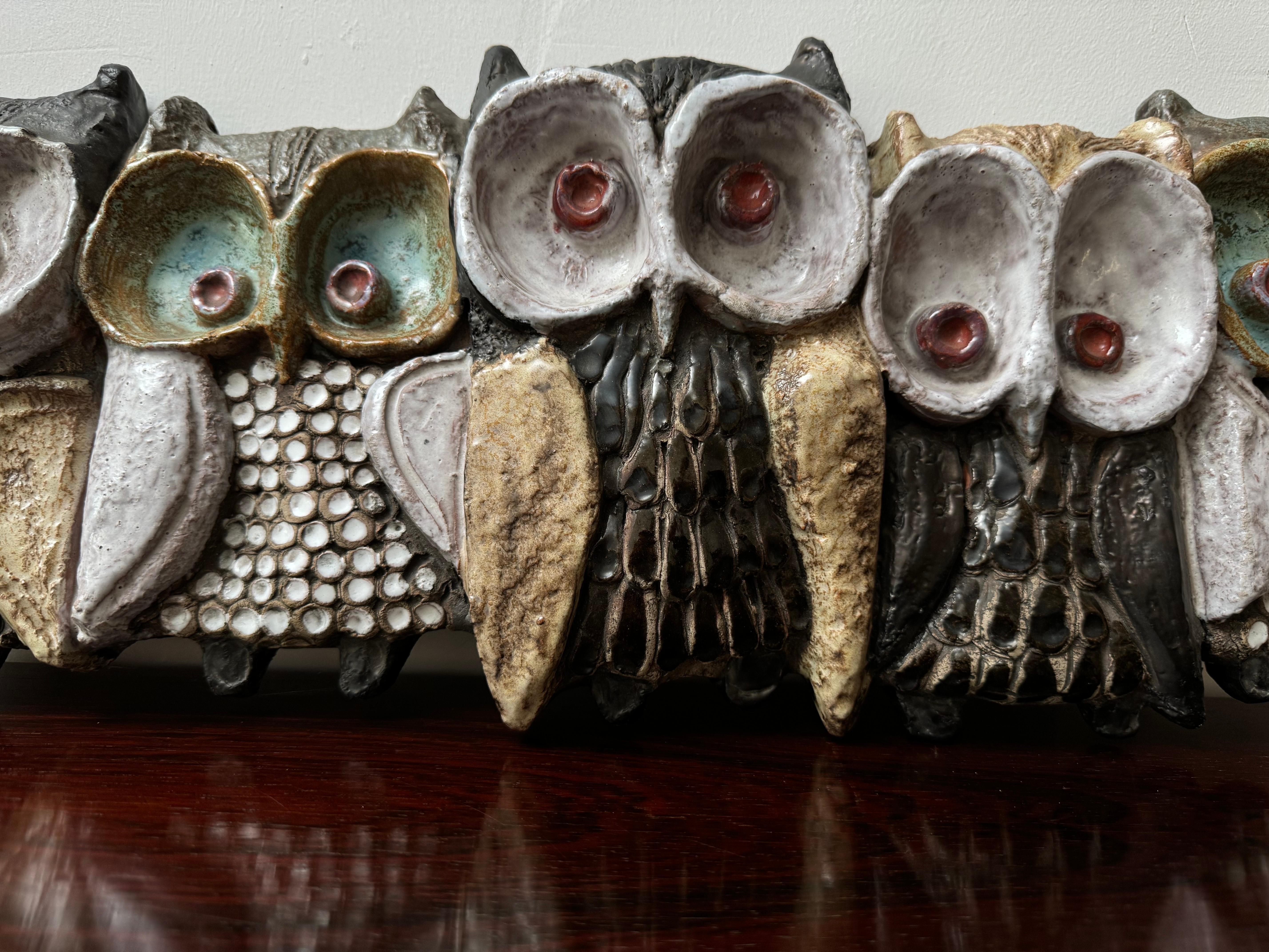 Large Ceramic Wall Sculpture with Five Owls by Elisabeth Vandeweghe for Perignem 2