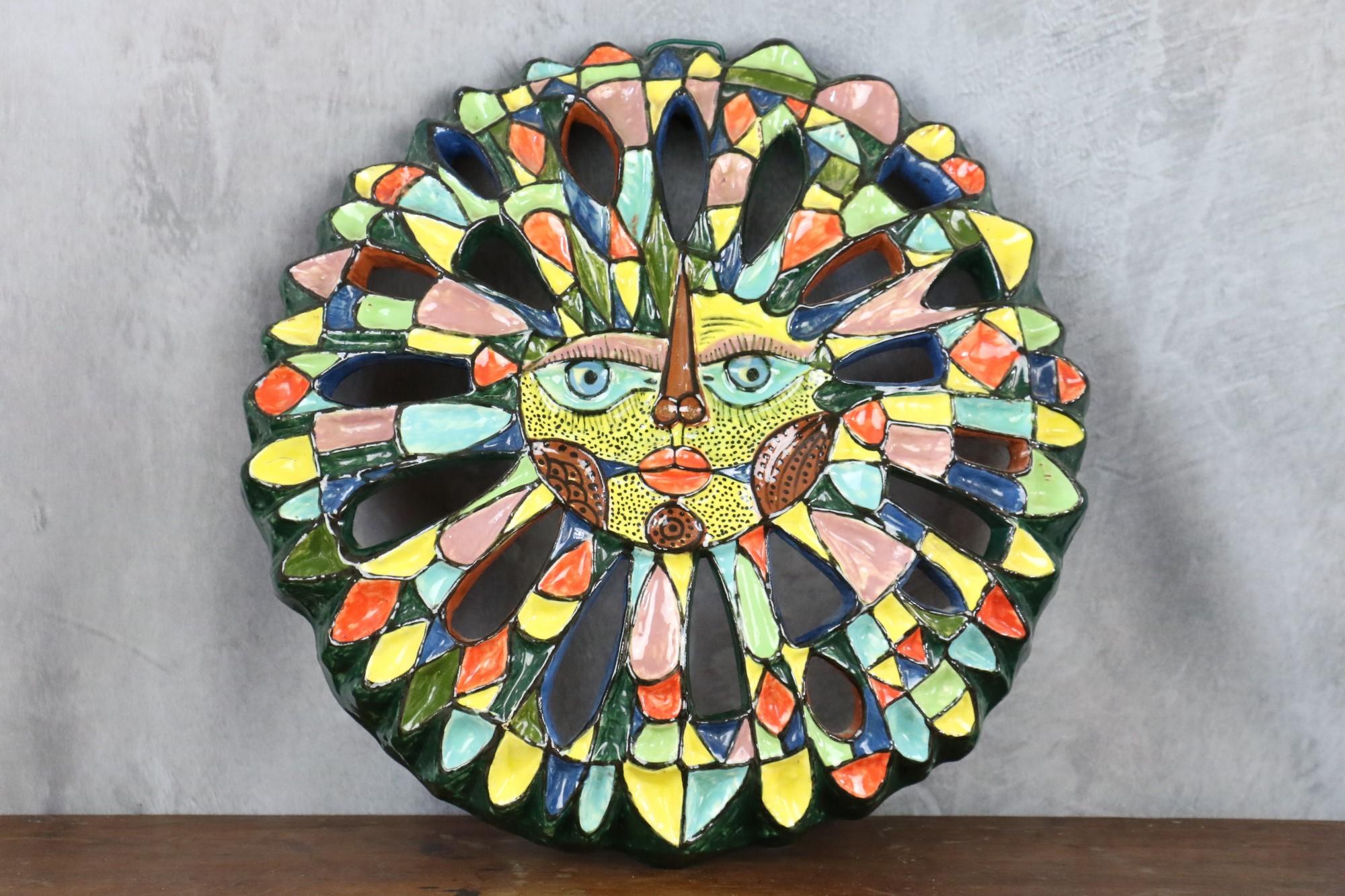 Large ceramic wall sculpture with sun design, Circa 1970s Era Capron In Good Condition For Sale In Camblanes et Meynac, FR