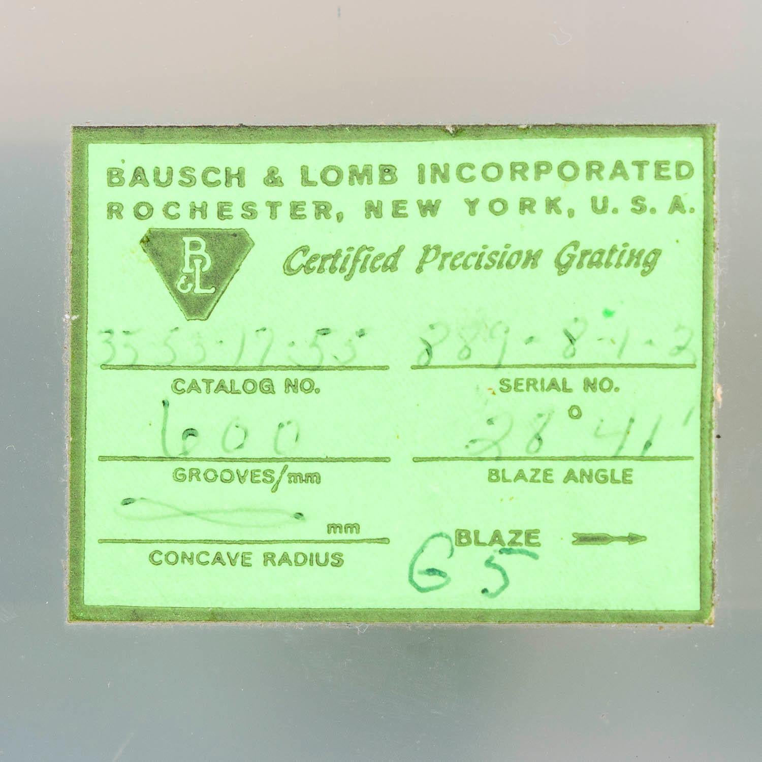 Aluminum Large certified precision ruled diffraction grating by Bausch & Lomb For Sale