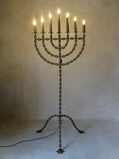 Large Chain Link Menorah Lamp with Star-Shaped Feet, France, circa 1950s
