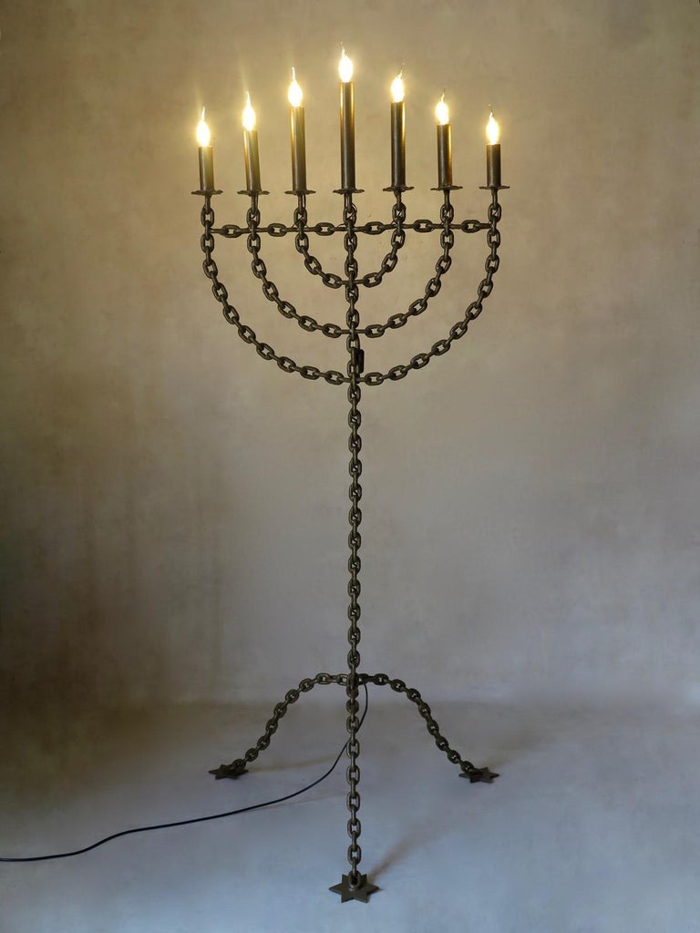 Large Chain Link Menorah Lamp with Star-Shaped Feet, France, circa 1950s For Sale at 1stdibs