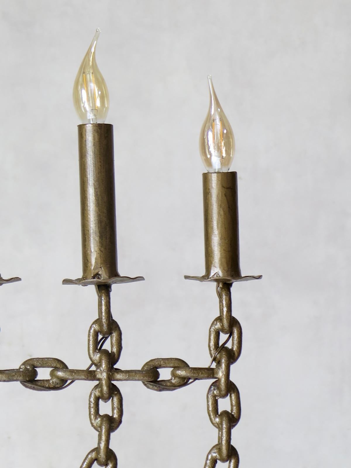 French Large Chain Link Menorah Lamp with Star-Shaped Feet, France, circa 1950s For Sale