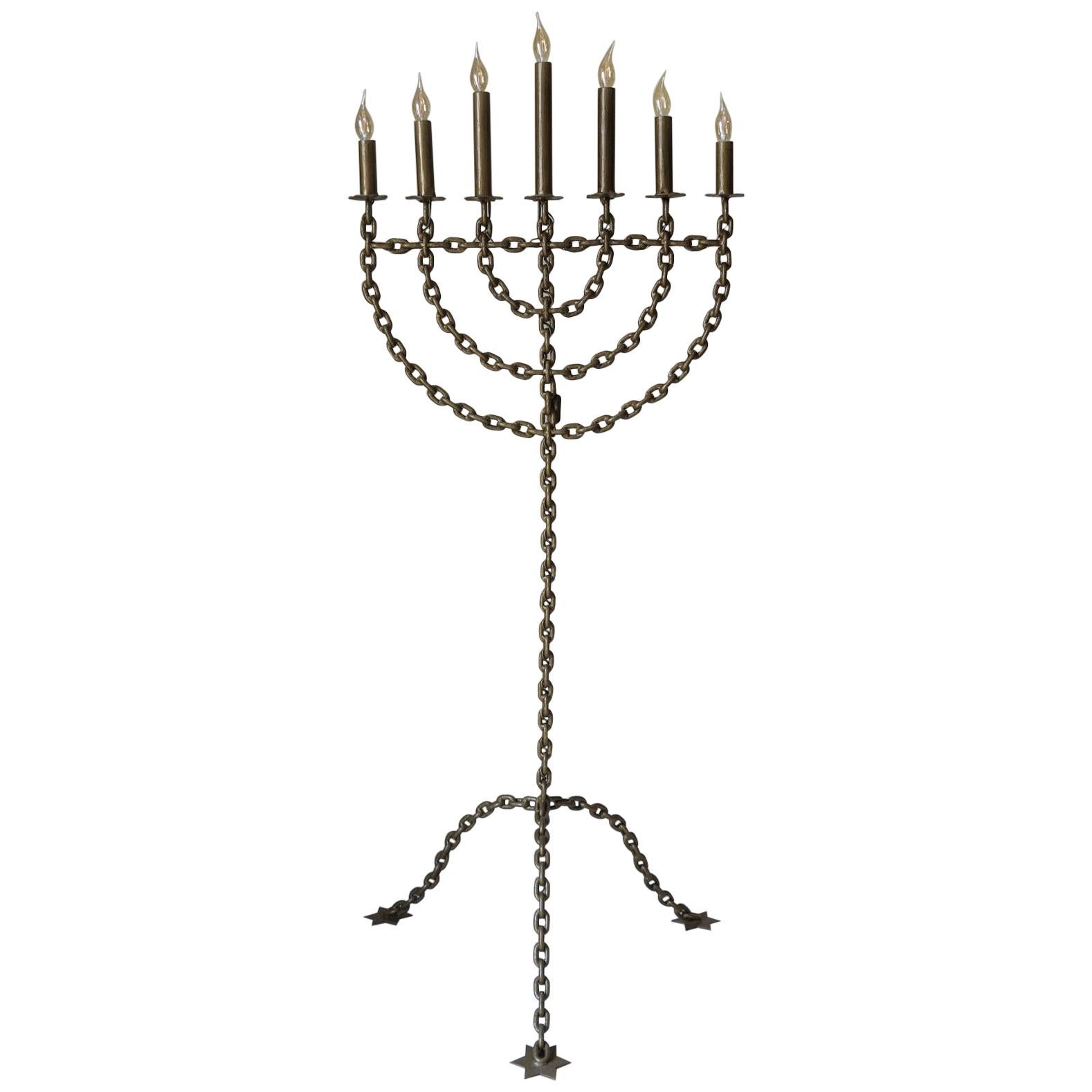 Large Chain Link Menorah Lamp with Star-Shaped Feet, France, circa 1950s For Sale