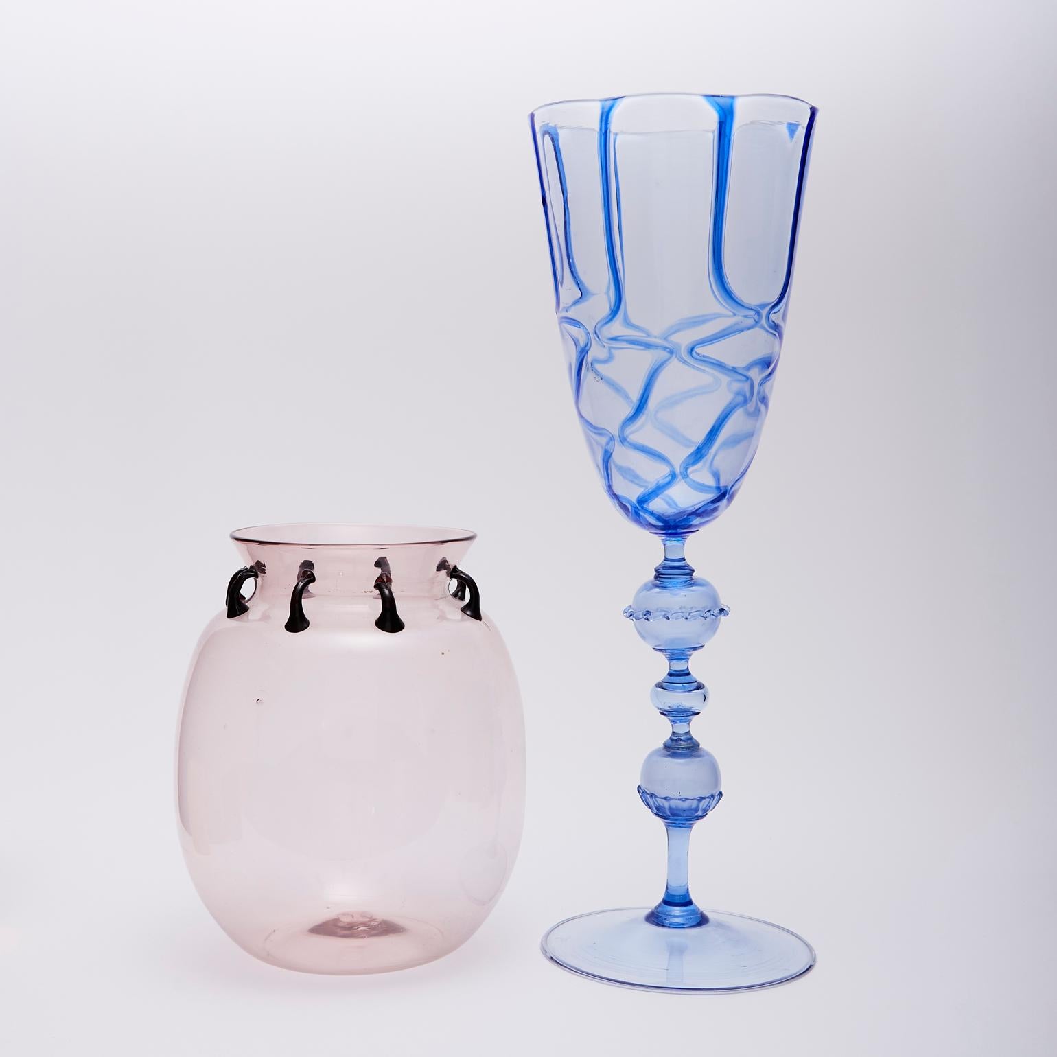 Art Glass Large Chalice with Blue Decoration by Artistica Barovier, 1920's Italy For Sale