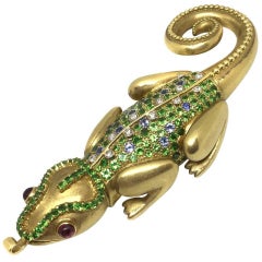 Vintage Large Chameleon Tsavorites Sapphires Garnets 18 Karat Gold Brooch