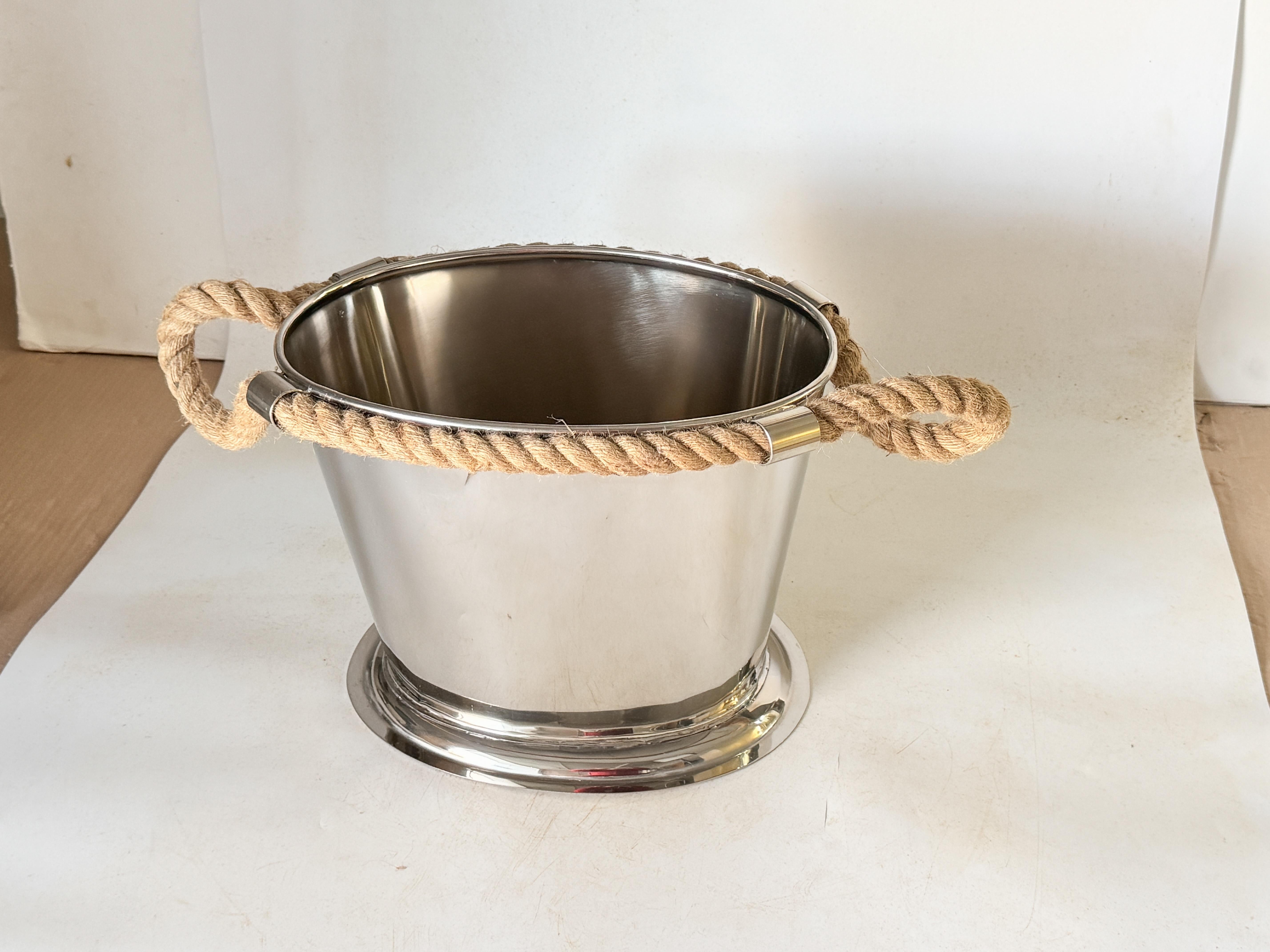 Large Champagne Bucket with Rope Handles high quality in Chrome Silver Color For Sale 1