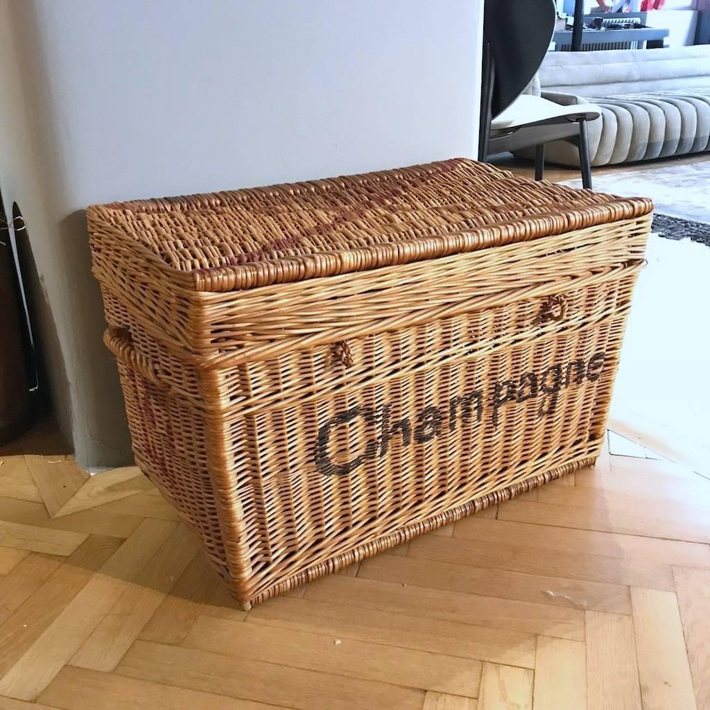 Country Large Champagne Wicker Basket Trunk, 1930s, France